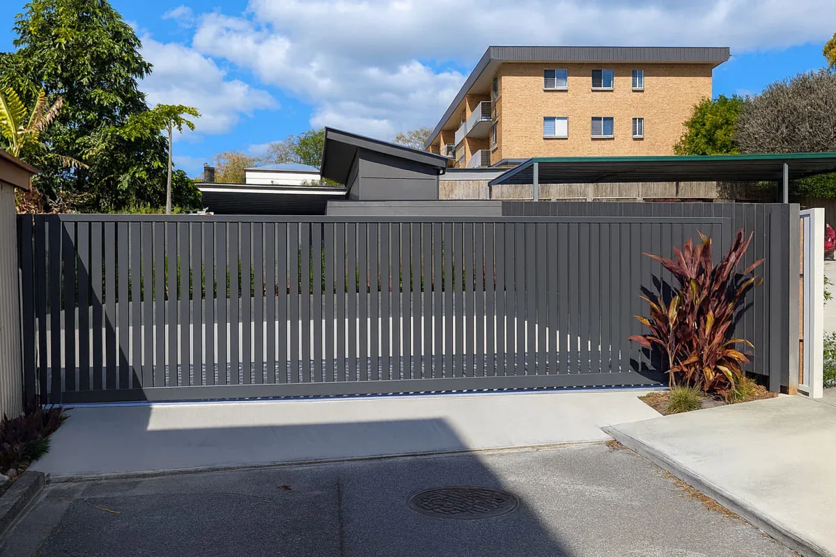 Charcoal automated aluminium sliding gate installed in Melbourne